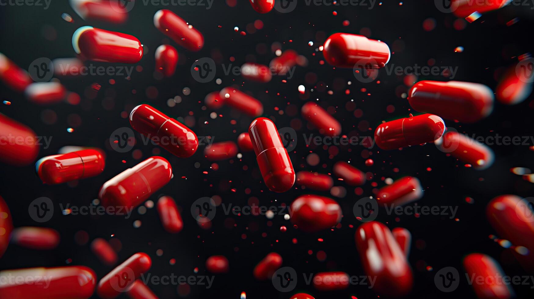 AI generated 3d rendering of red pills floating on black background. Medicine and healthcare concept photo