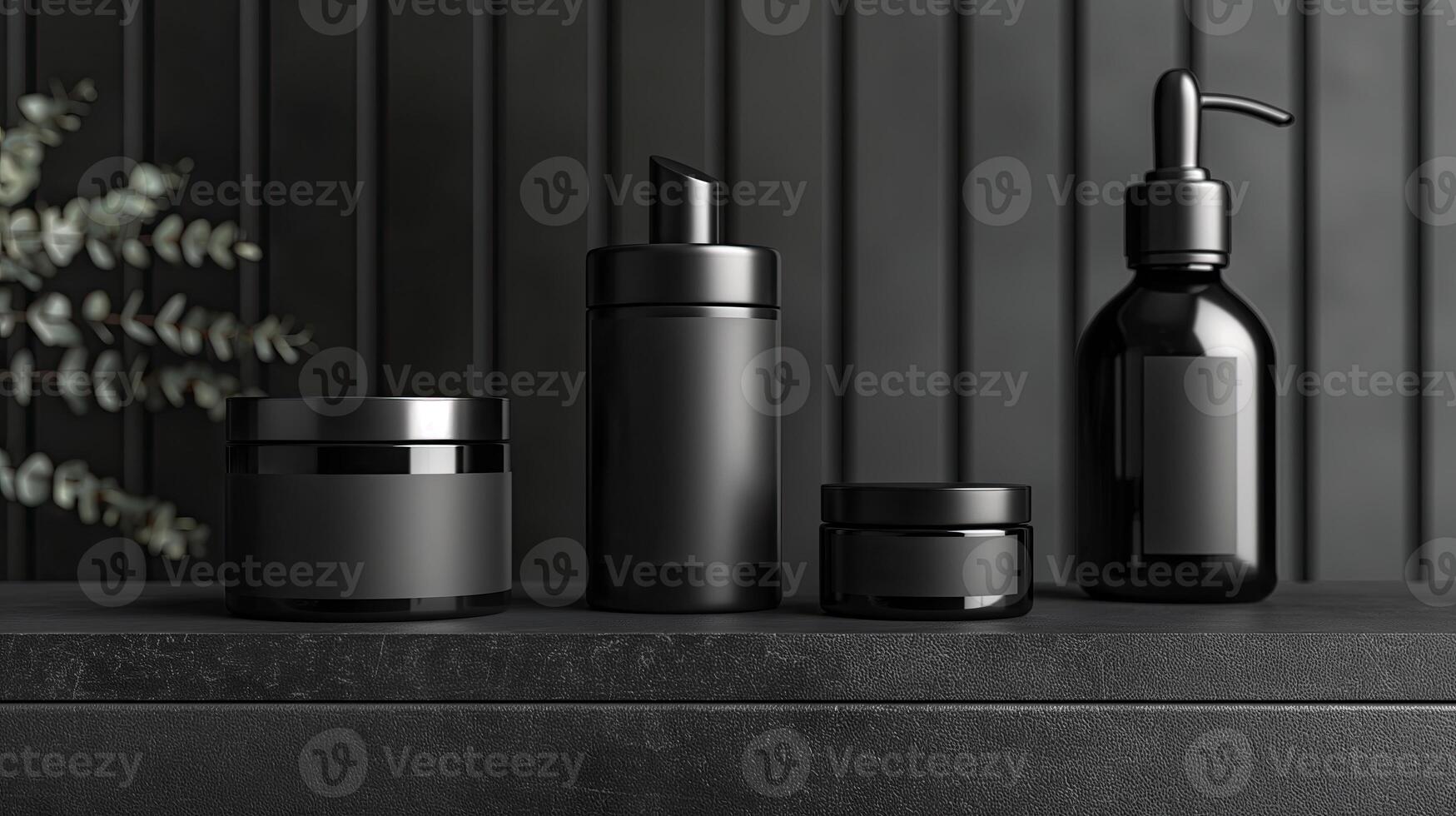 AI generated Mockup of black cosmetic bottles on dark background. 3d rendering photo