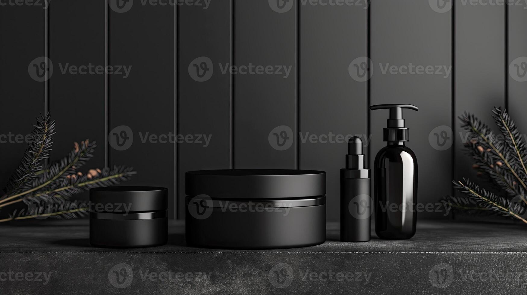 AI generated Mockup of black cosmetic bottles on dark background. 3d rendering photo