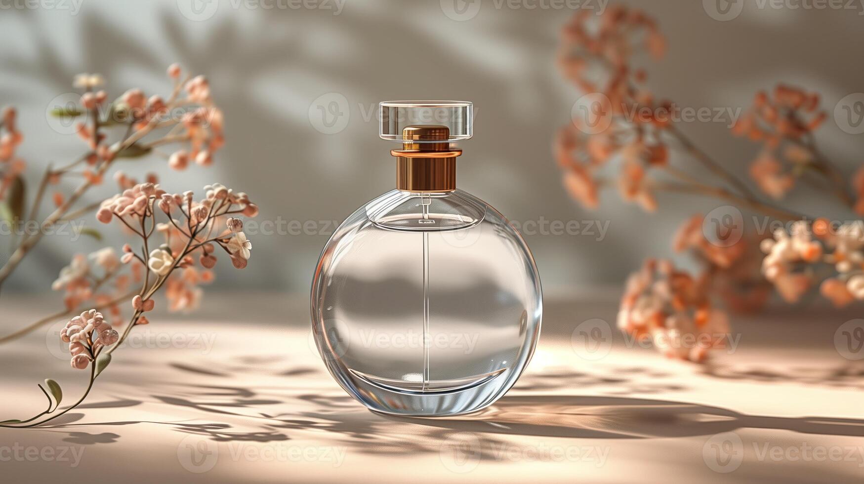 AI generated Perfume bottle on a background of flowers. 3D mockup photo