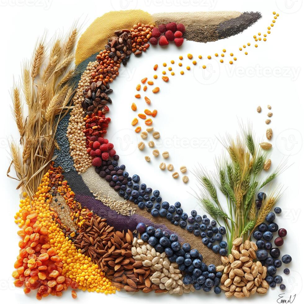AI generated Composite image of cereal grains and cereals against white background photo