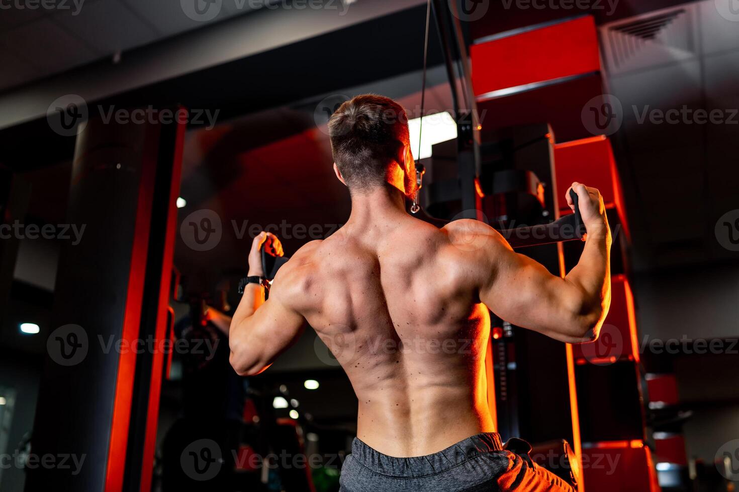 Strong handsome man training his back. Bodybuilder athlete working out in gym. photo