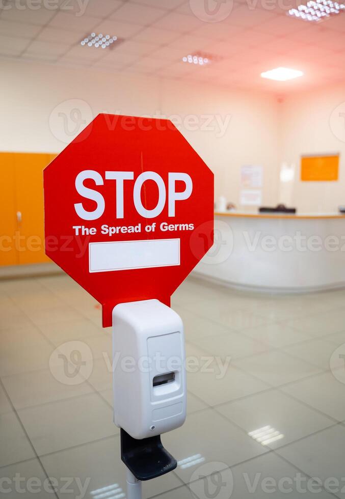 Sign Stop for protecting from covid-19 in hospital. Epidemic warning in hospital. photo