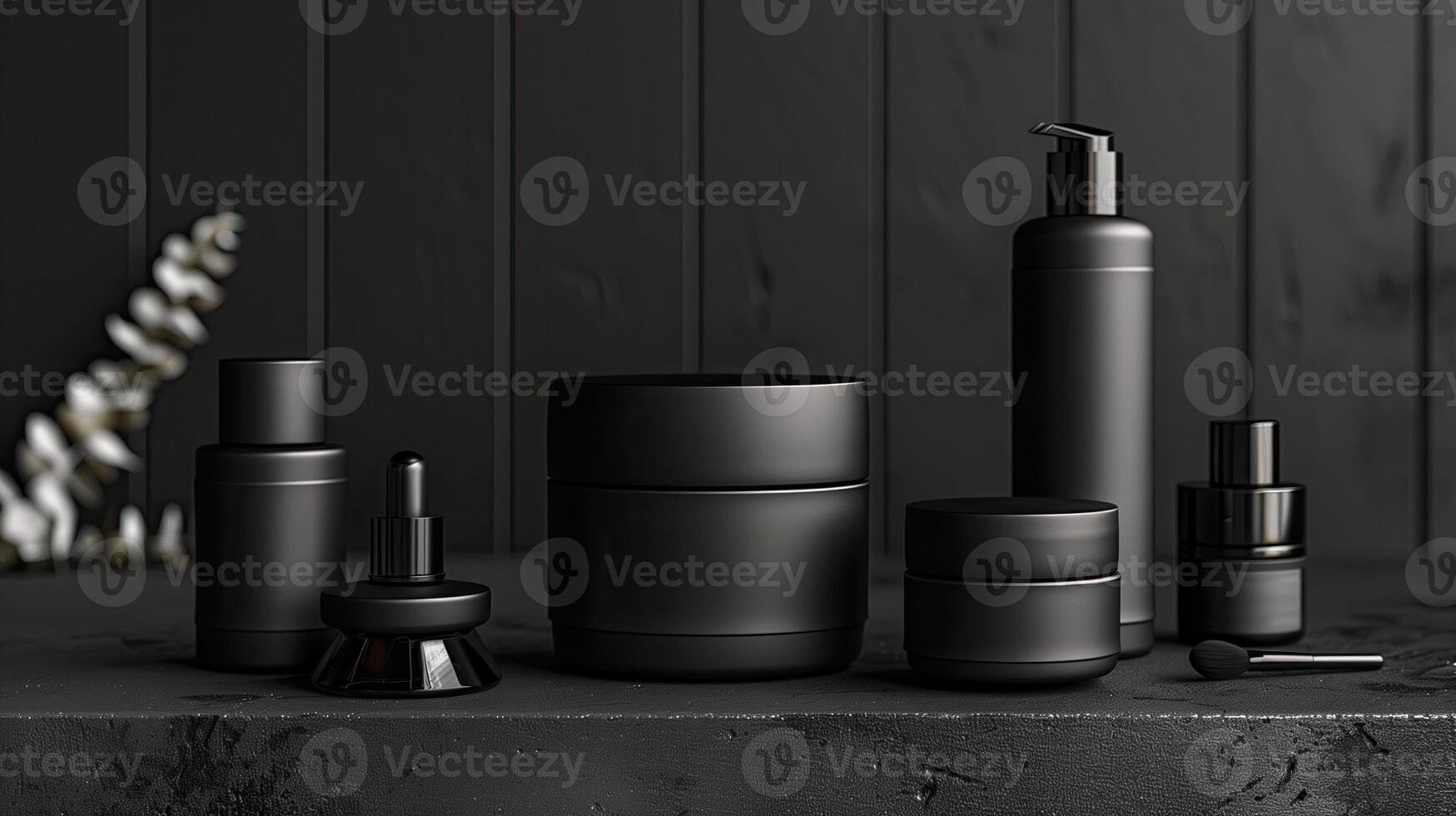AI generated Mockup of black cosmetic bottles on dark background. 3d rendering photo