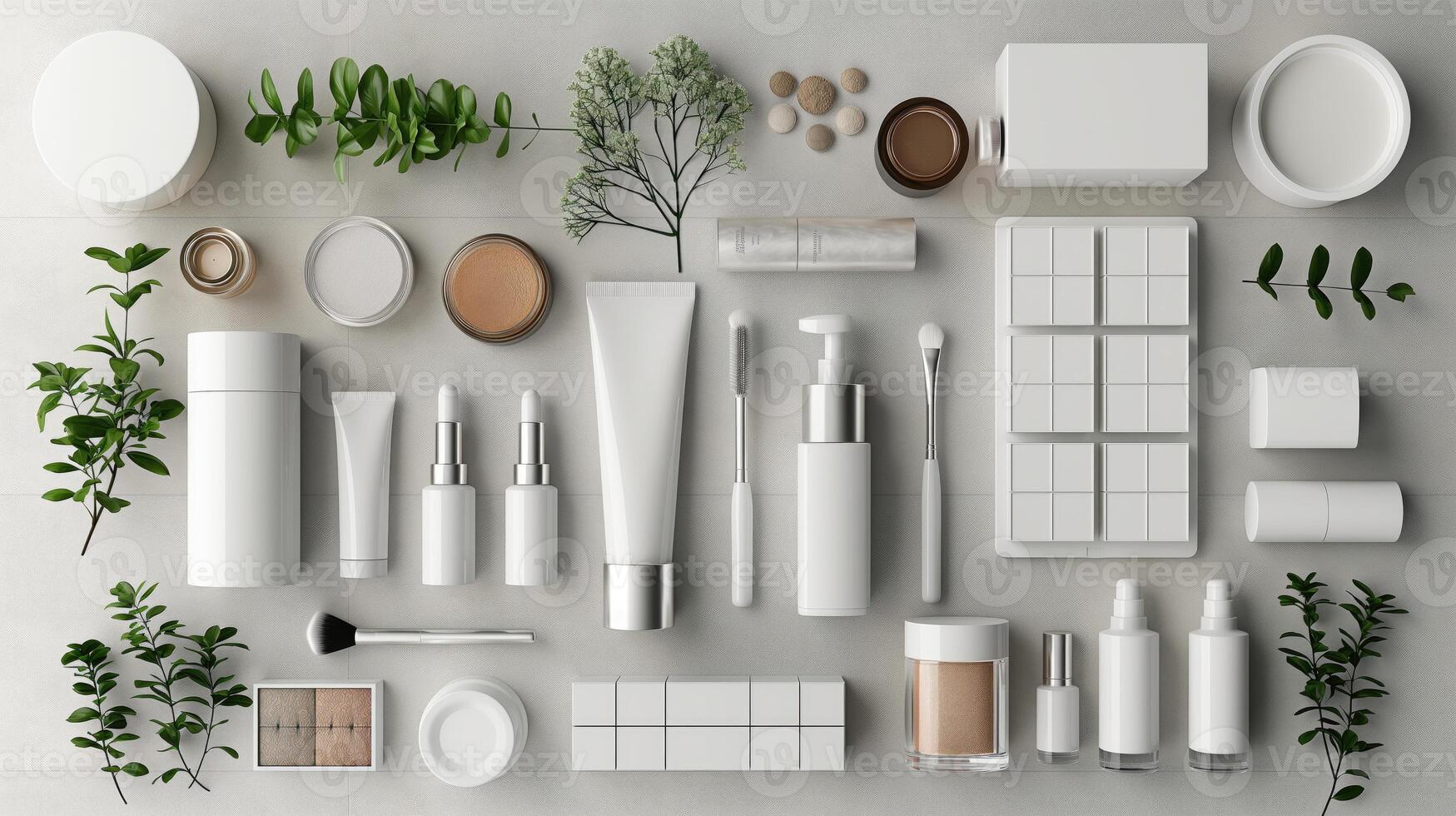 AI generated Flat lay composition with cosmetic products on light background, top view photo