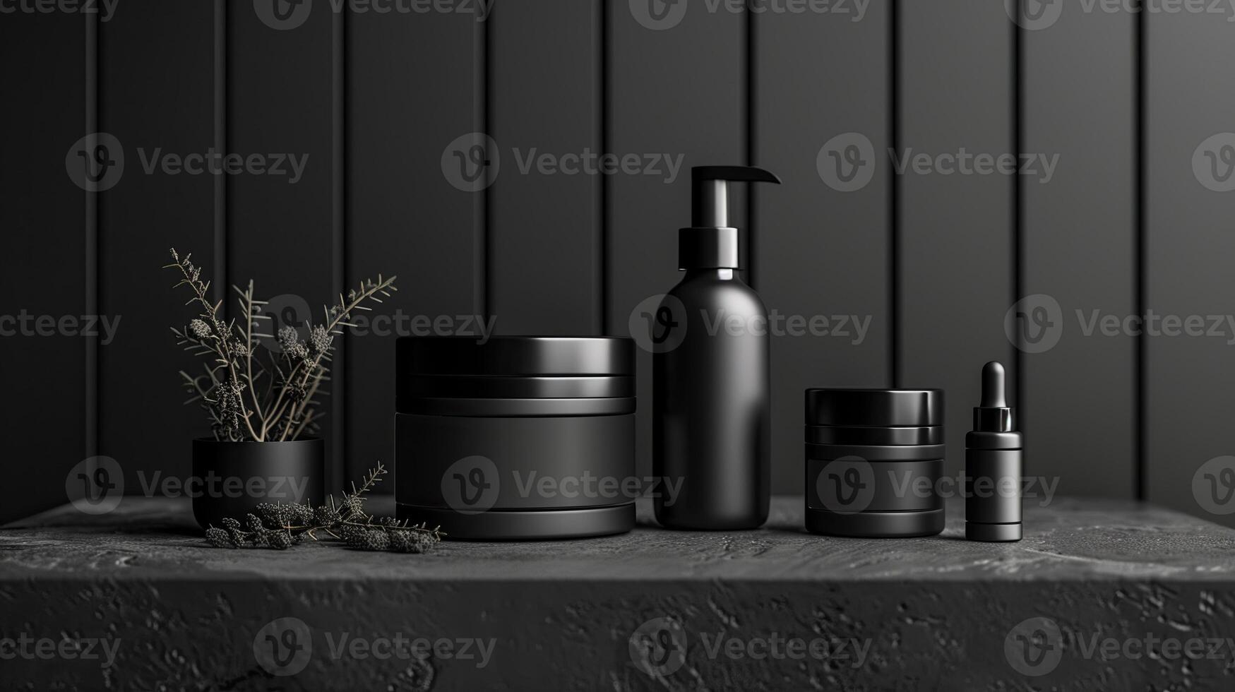 AI generated Mockup of black cosmetic bottles on dark background. 3d rendering photo