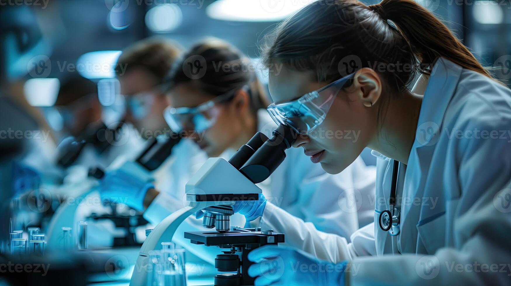 AI generated Young female scientist using microscope in scientific laboratory. Science, chemistry, biology, medicine and people concept photo