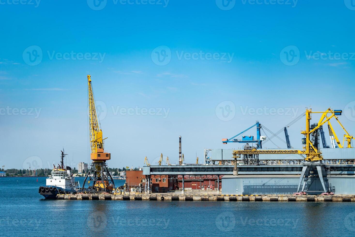 Portal port crane in the port. Logistics business. Huge cranes and containers, sunny summer day. photo