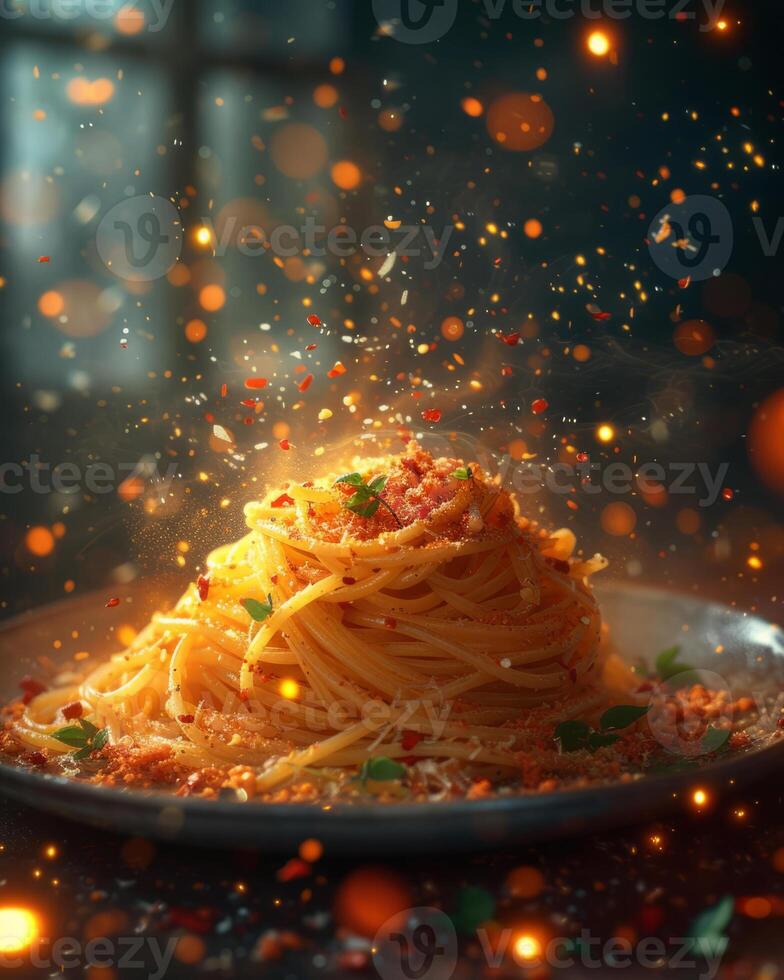 AI generated Spaghetti with tomato sauce and spices on plate photo