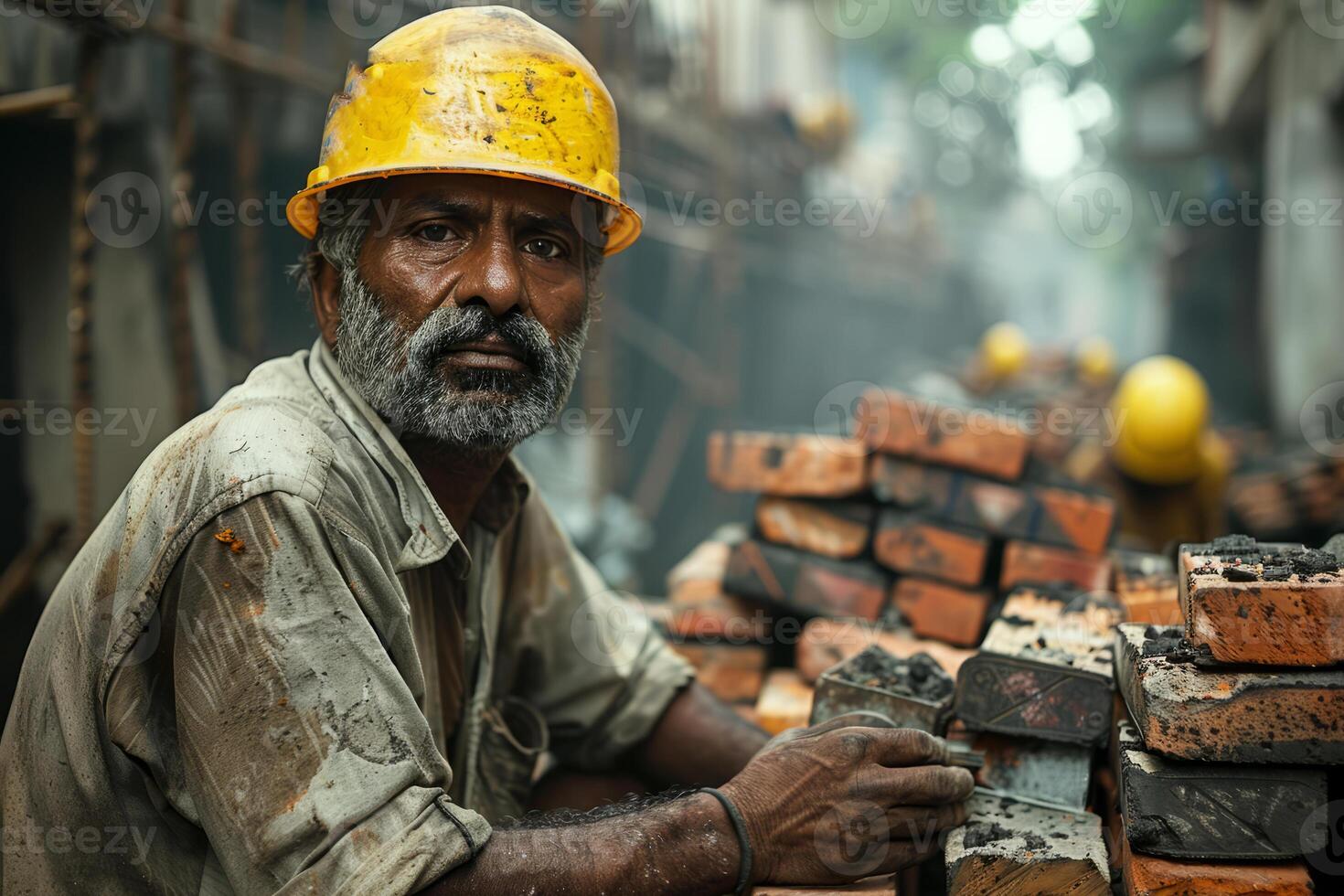 AI generated Worker sits in front of pile of bricks. photo