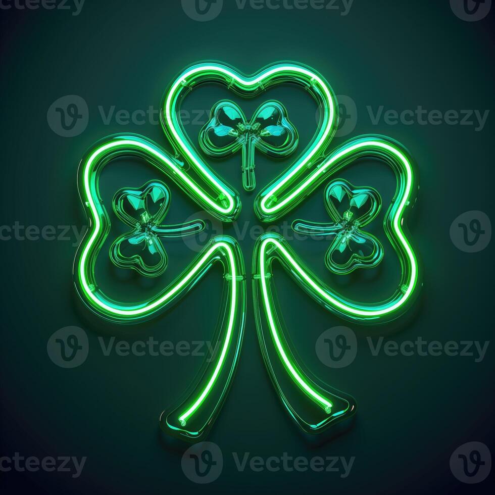 AI generated St. Patrick's Day neon sign with shamrock leaves on green wall background. Vector illustration. photo