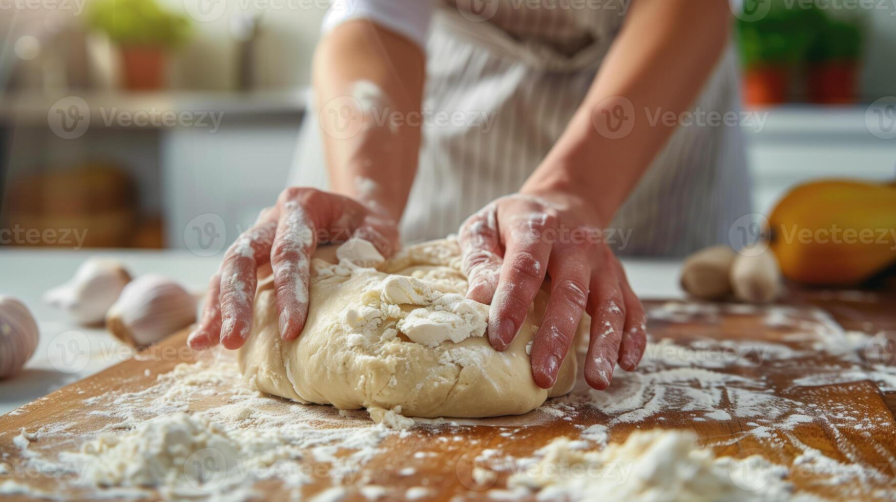 ai generado recortado imagen de hembra manos amasadura masa en cocina mesa foto