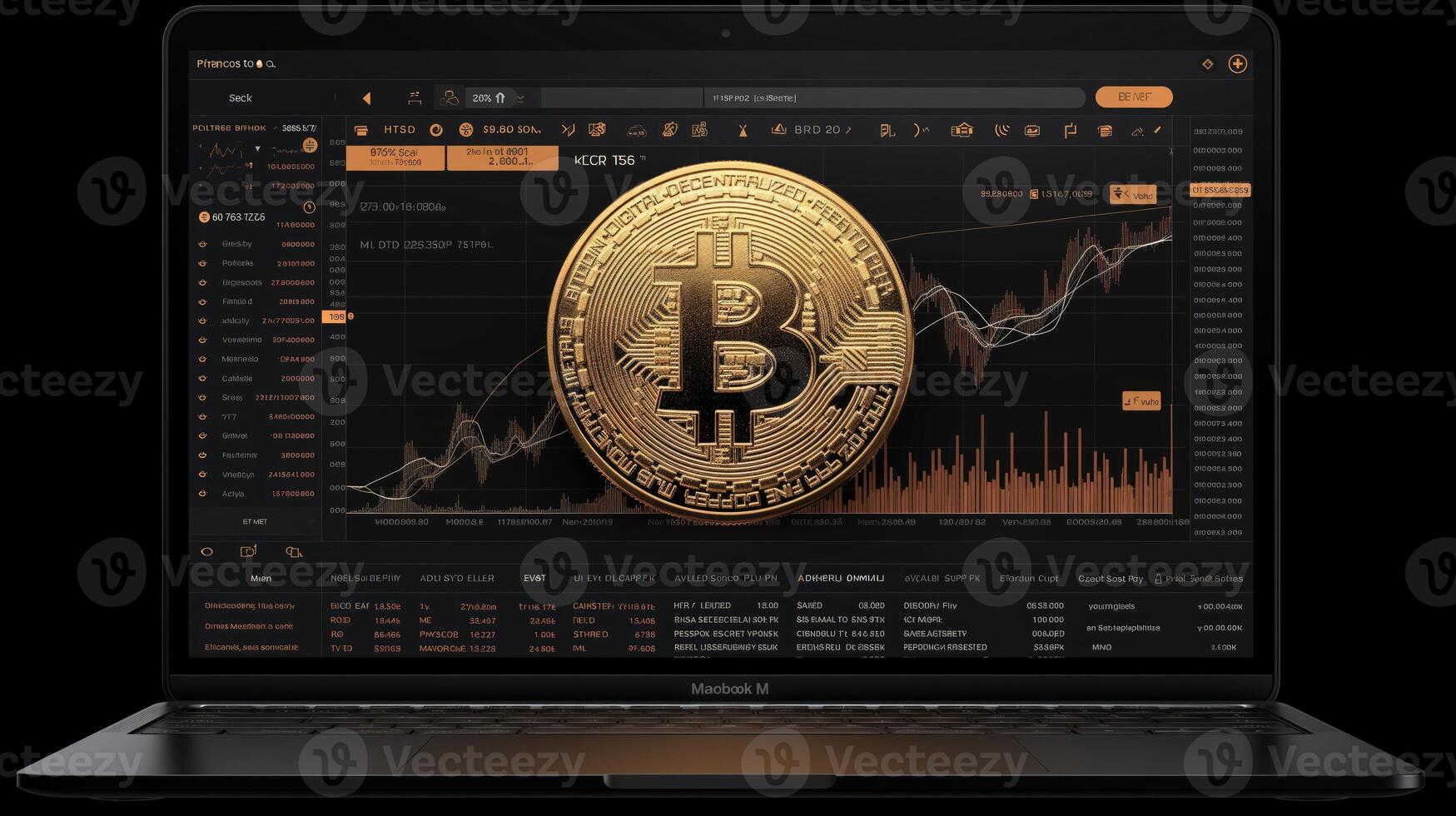 AI generated Bitcoin on the background of the monitor of the laptop. Vector illustration photo