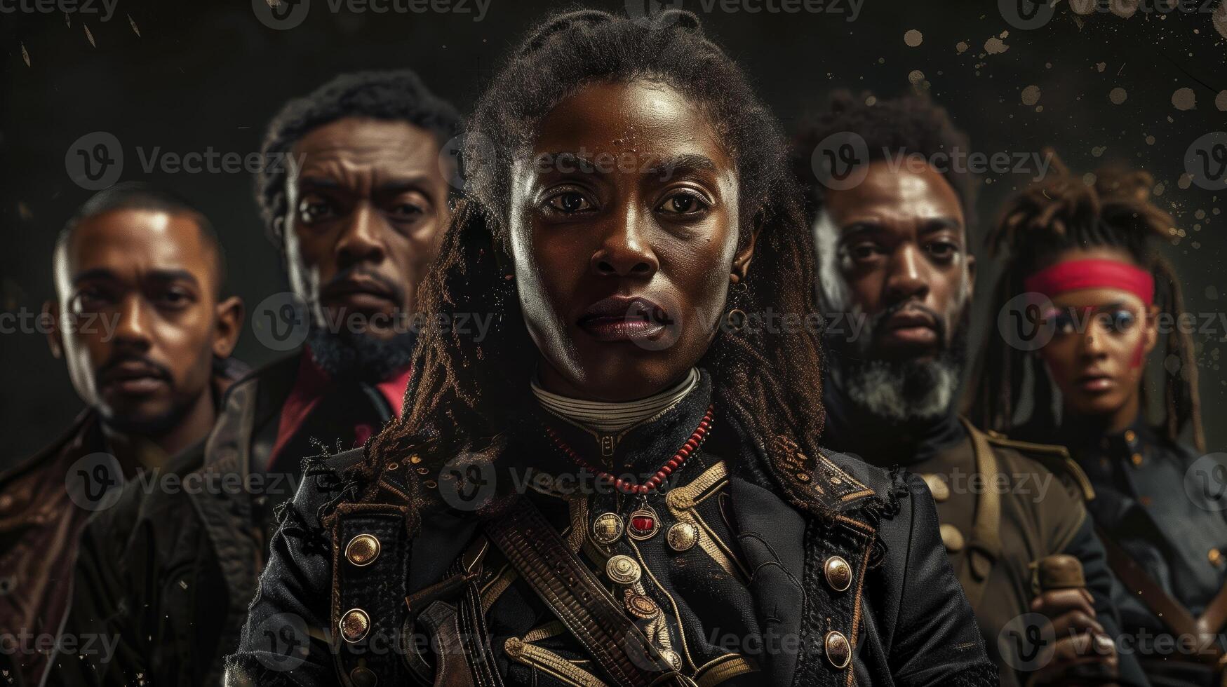 AI generated Portrait of a group of african american steampunk soldiers. Black History Month concept. photo