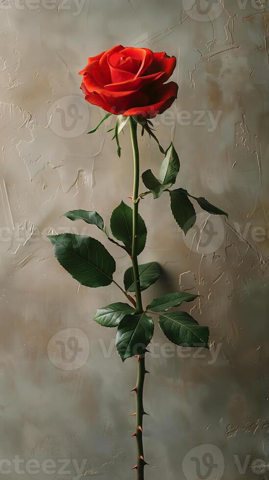 AI generated Beautiful red rose on grey background, closeup. photo