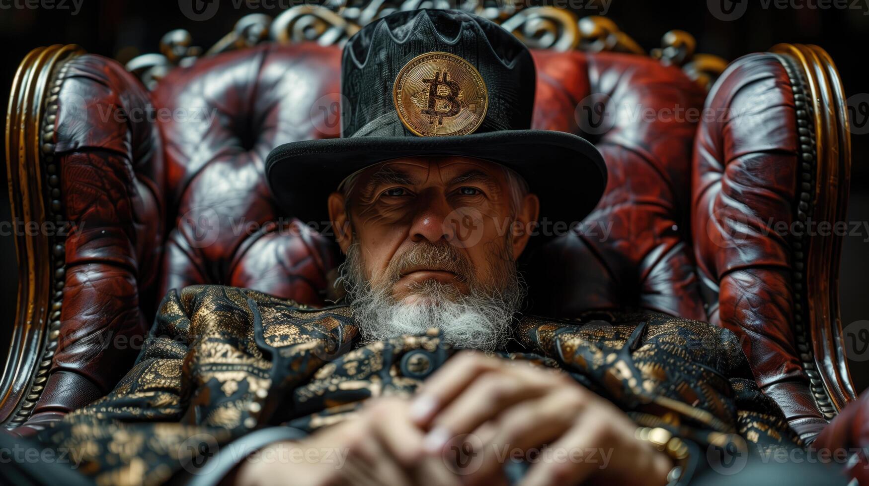 ai generado retrato de un antiguo hombre con un barba y Bigote en un negro sombrero con bitcoin sentado en un cuero Sillón en un barroco interior. foto