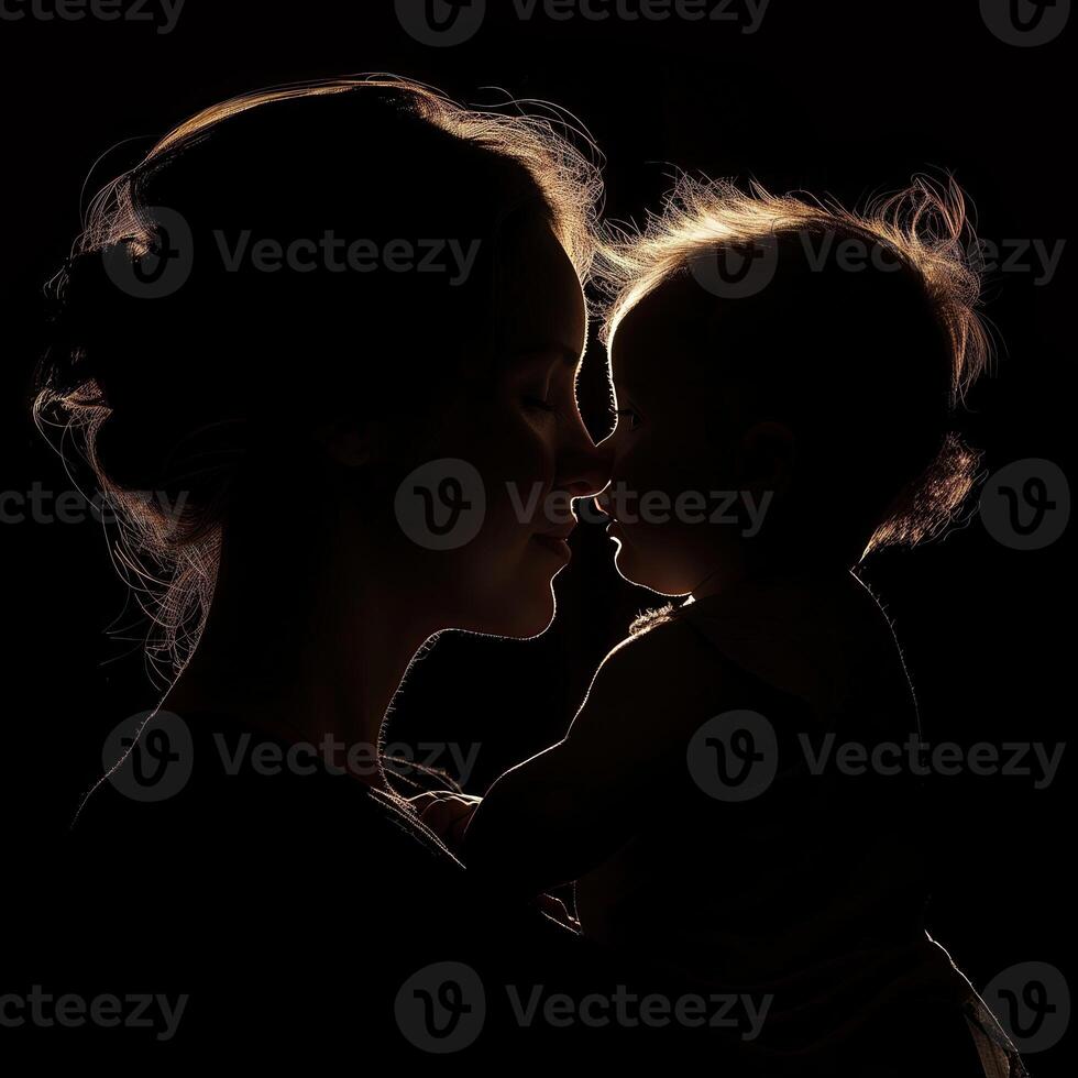 AI generated Silhouette of a mother and her daughter on a black background. Mother's day photo