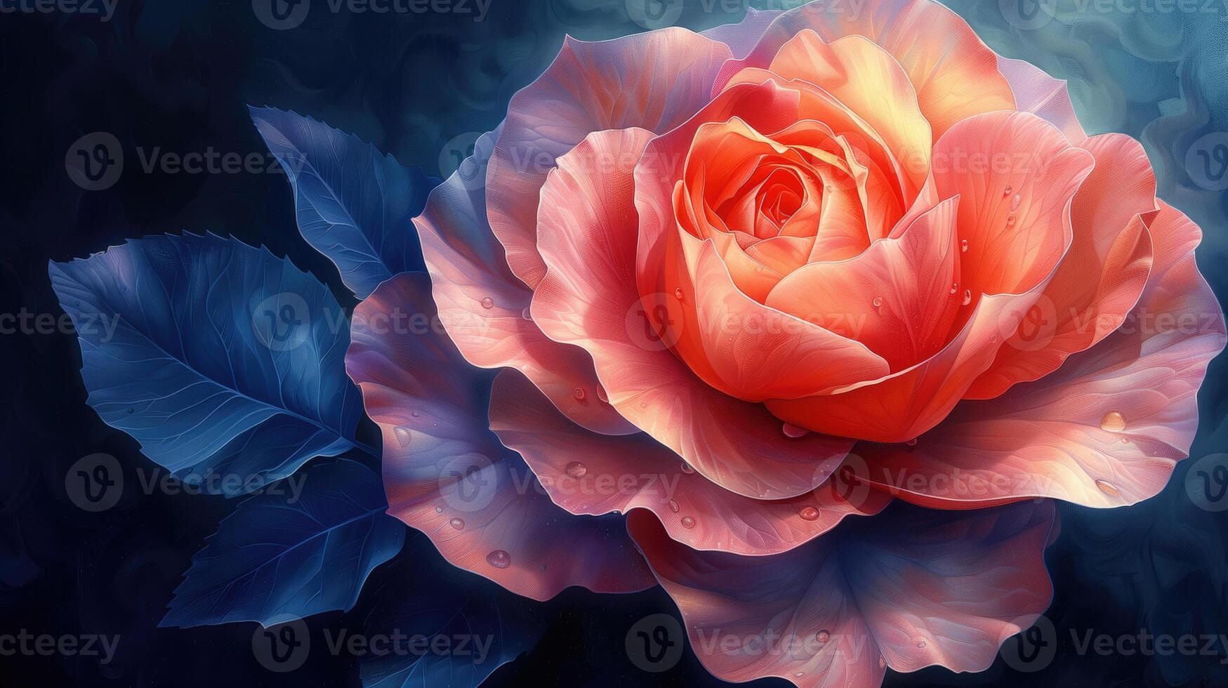 AI generated Beautiful pink rose on a dark blue background. 3d rendering, macro photo