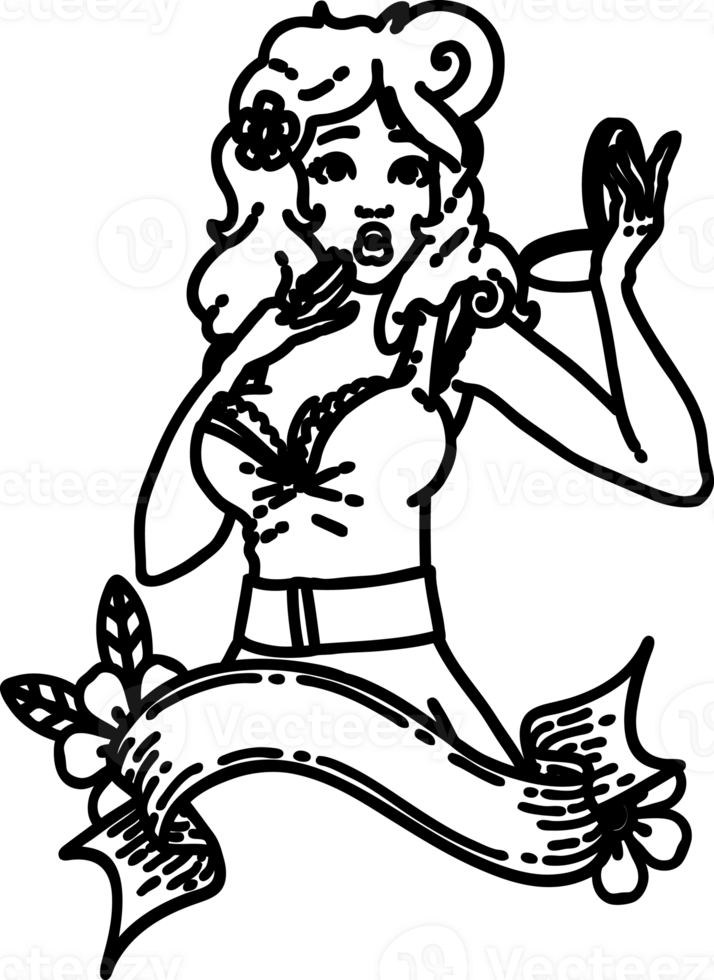 tätowieren im schwarz Linie Stil von ein Aufstecken überrascht Mädchen mit Banner Symbol png