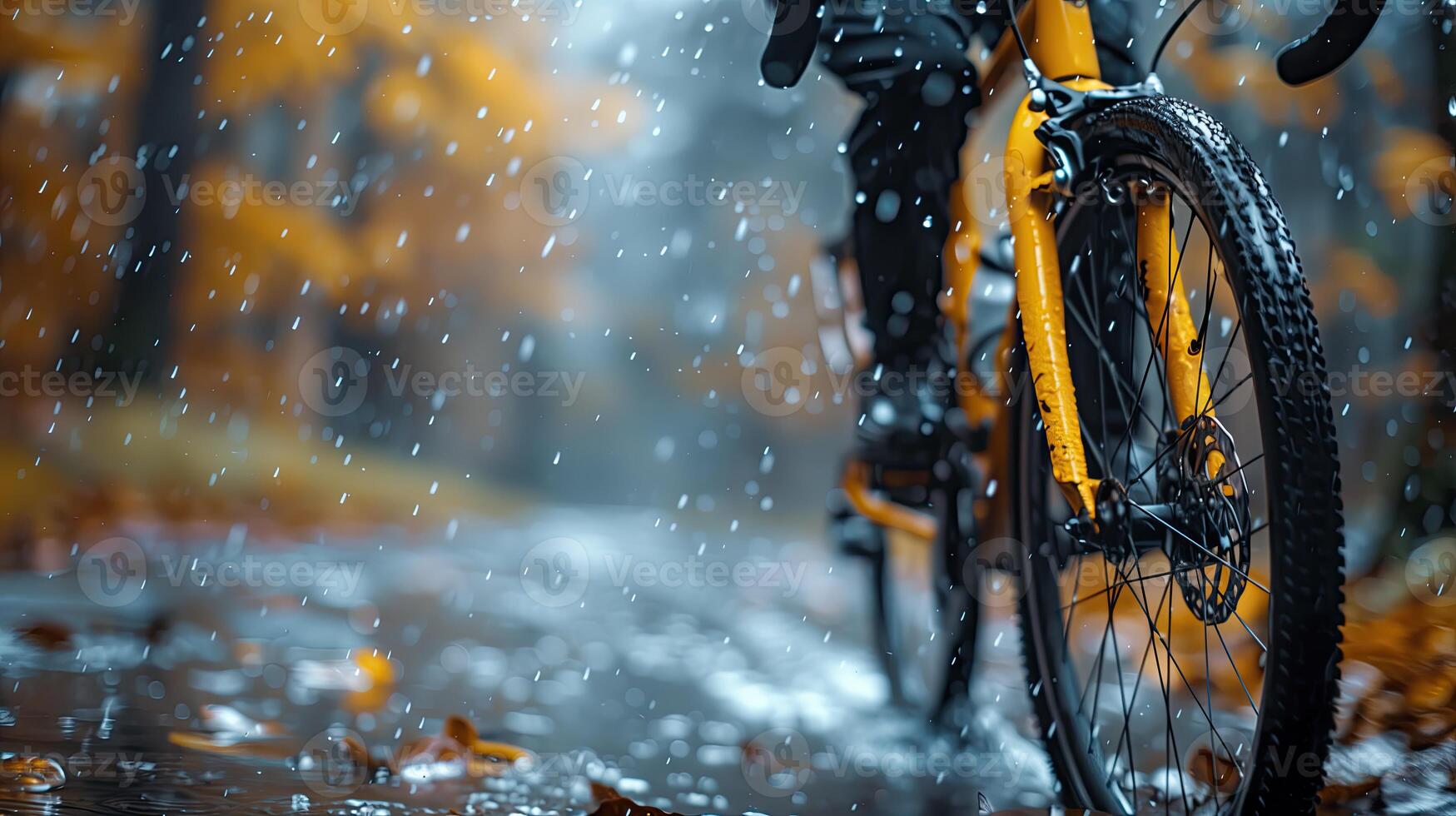 AI generated Cyclist in the rain on a bike in the autumn forest photo