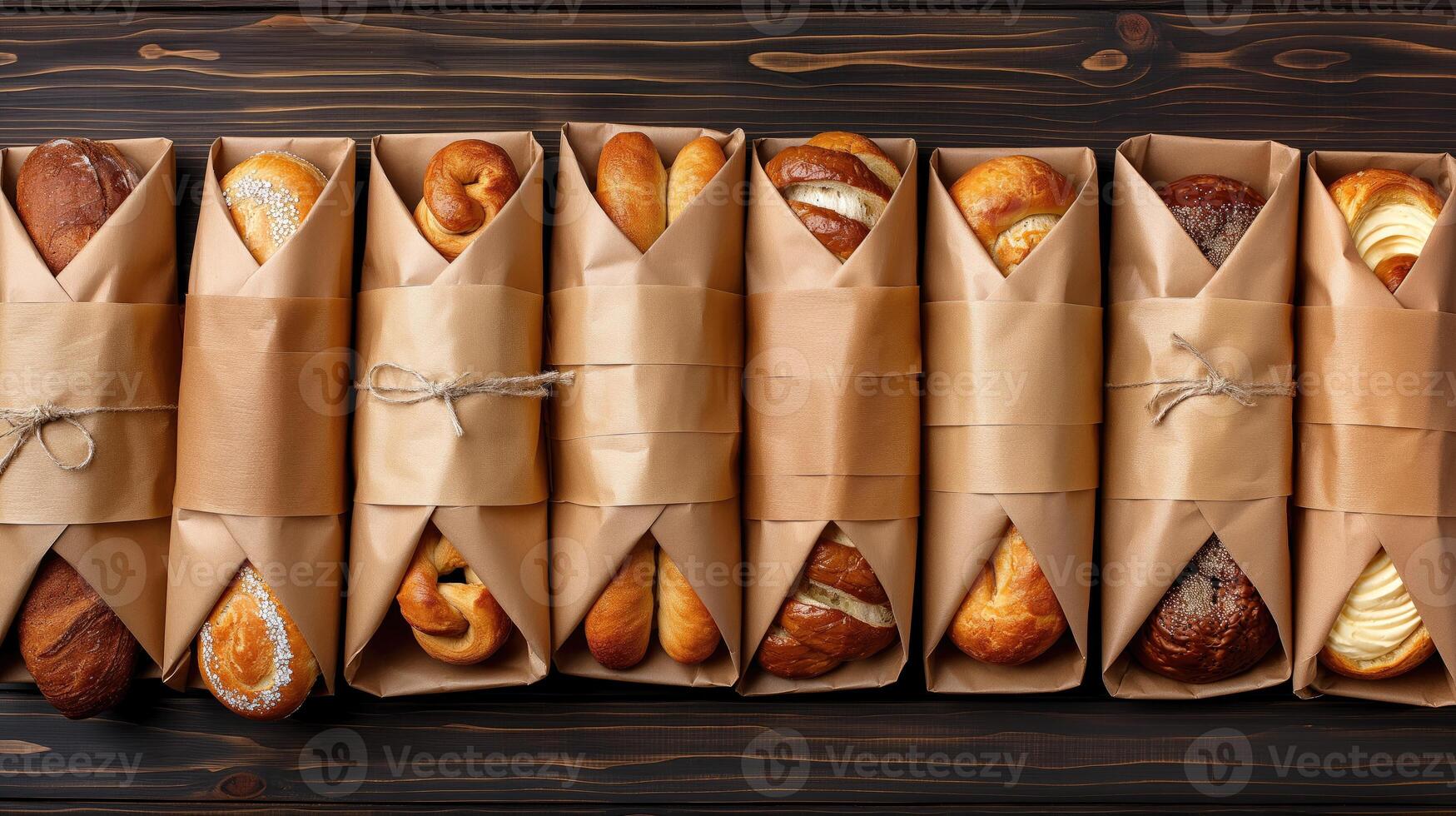 AI generated Assortment of fresh bread in paper bags on wooden background, top view photo