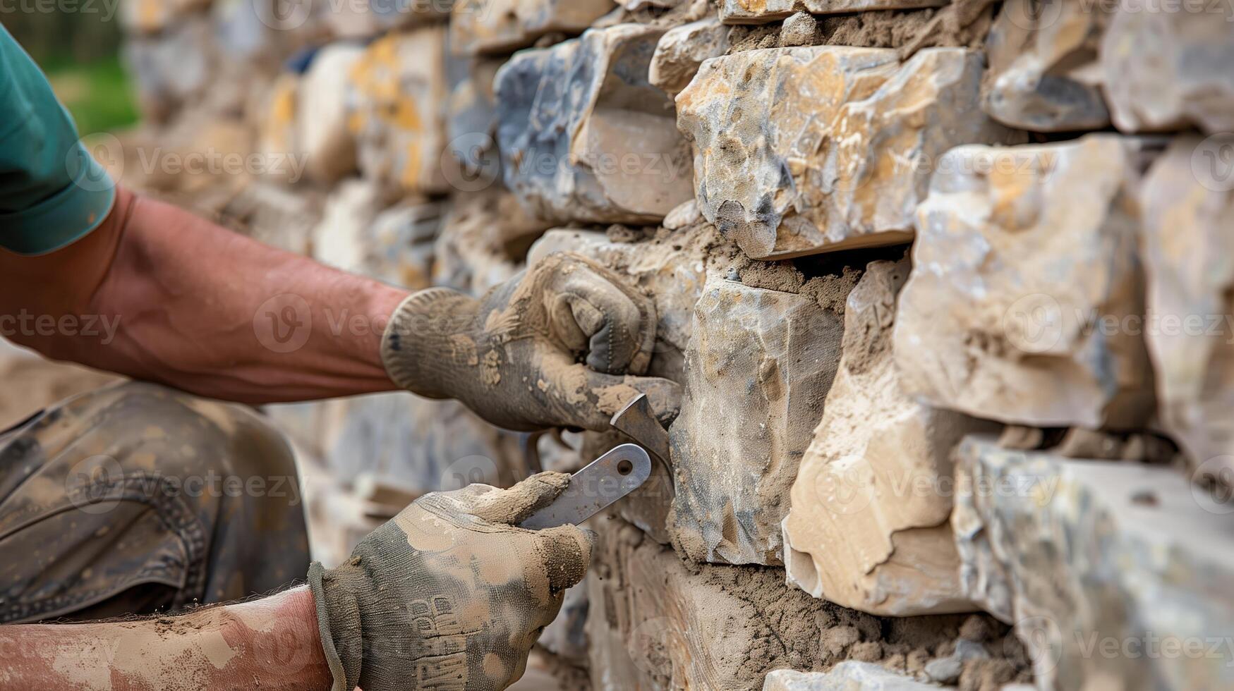 AI generated A bricklayer constructs a stone wall using wood, metal tools, and building materials like bricks and rocks. photo