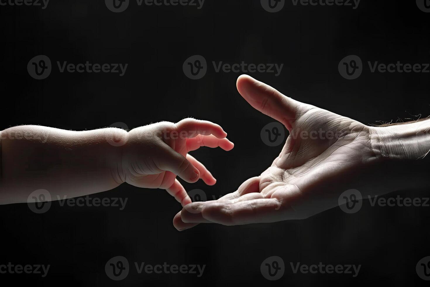 ai generado madre y niño participación manos en oscuro fondo, de cerca. de la madre día, familia concepto foto