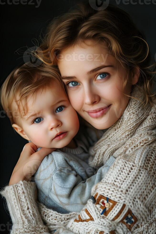 ai generado retrato de un hermosa joven madre con su hija en un oscuro antecedentes foto