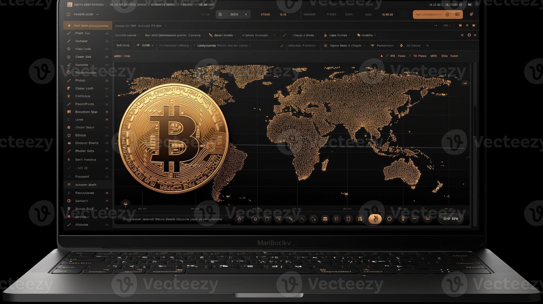AI generated Bitcoin on the background of the monitor of the laptop. Vector illustration photo