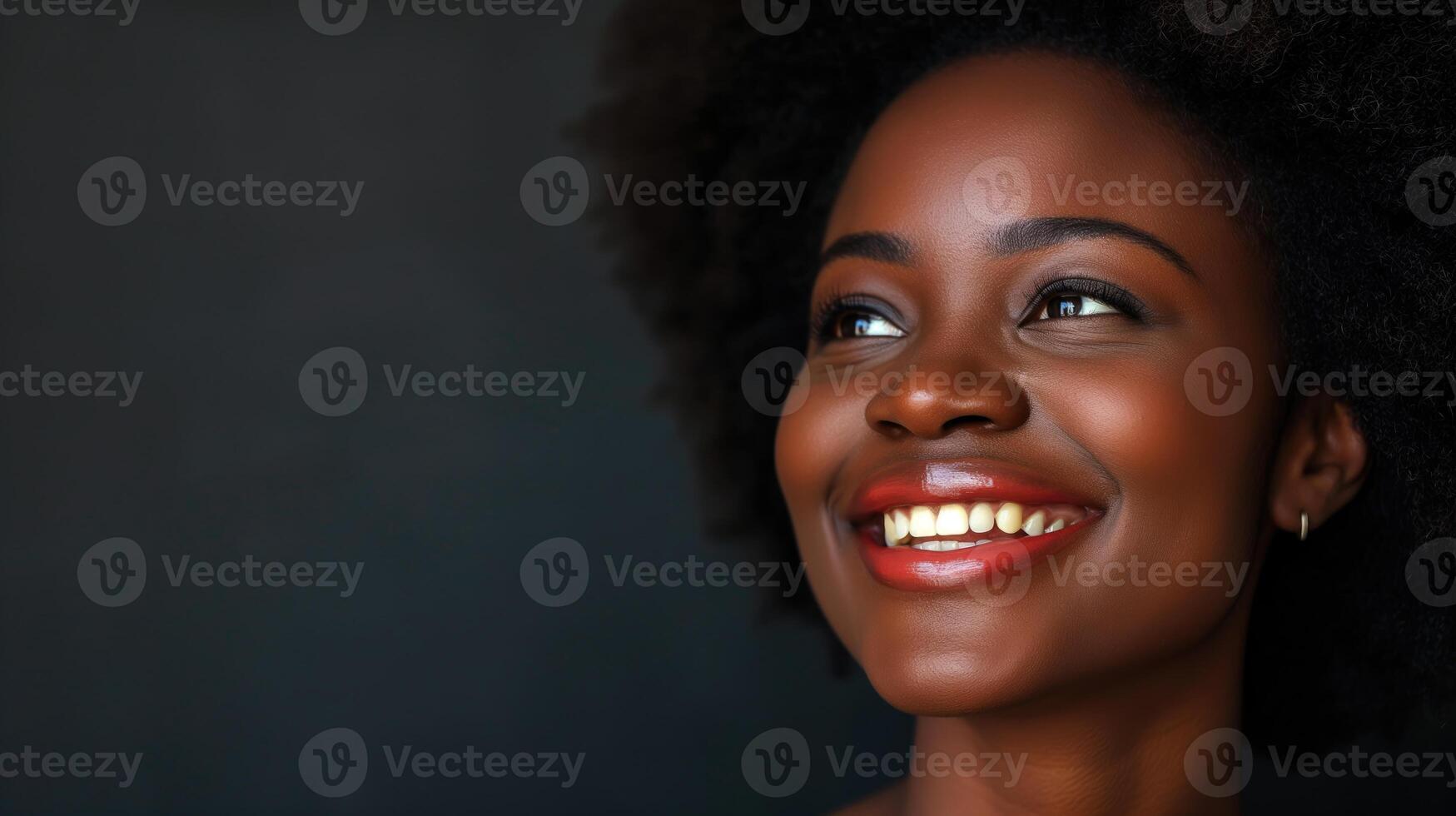 AI generated Close up portrait of beautiful african american woman smiling against black background. Black History Month concept. photo