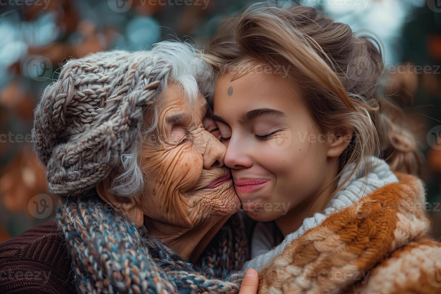 ai generado retrato de abuela y hija en suéteres y bufandas. de la madre día foto