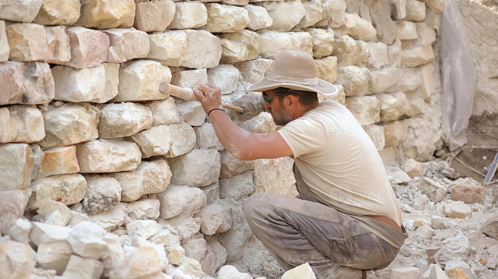 ai generado un albañil construcciones un Roca pared utilizando madera, metal herramientas, y edificio materiales me gusta ladrillos y rocas foto