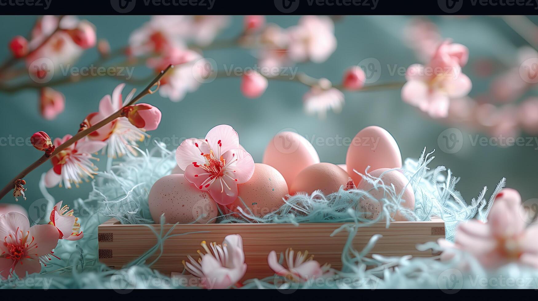 AI generated Easter eggs in a wooden box and spring flowers on a pink background, feather, sakura photo