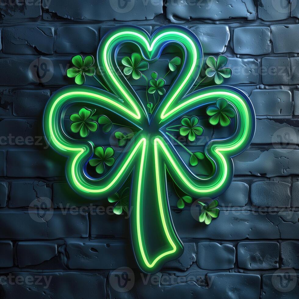 AI generated St. Patrick's Day neon sign with shamrock leaves on brick wall background. Vector illustration. photo