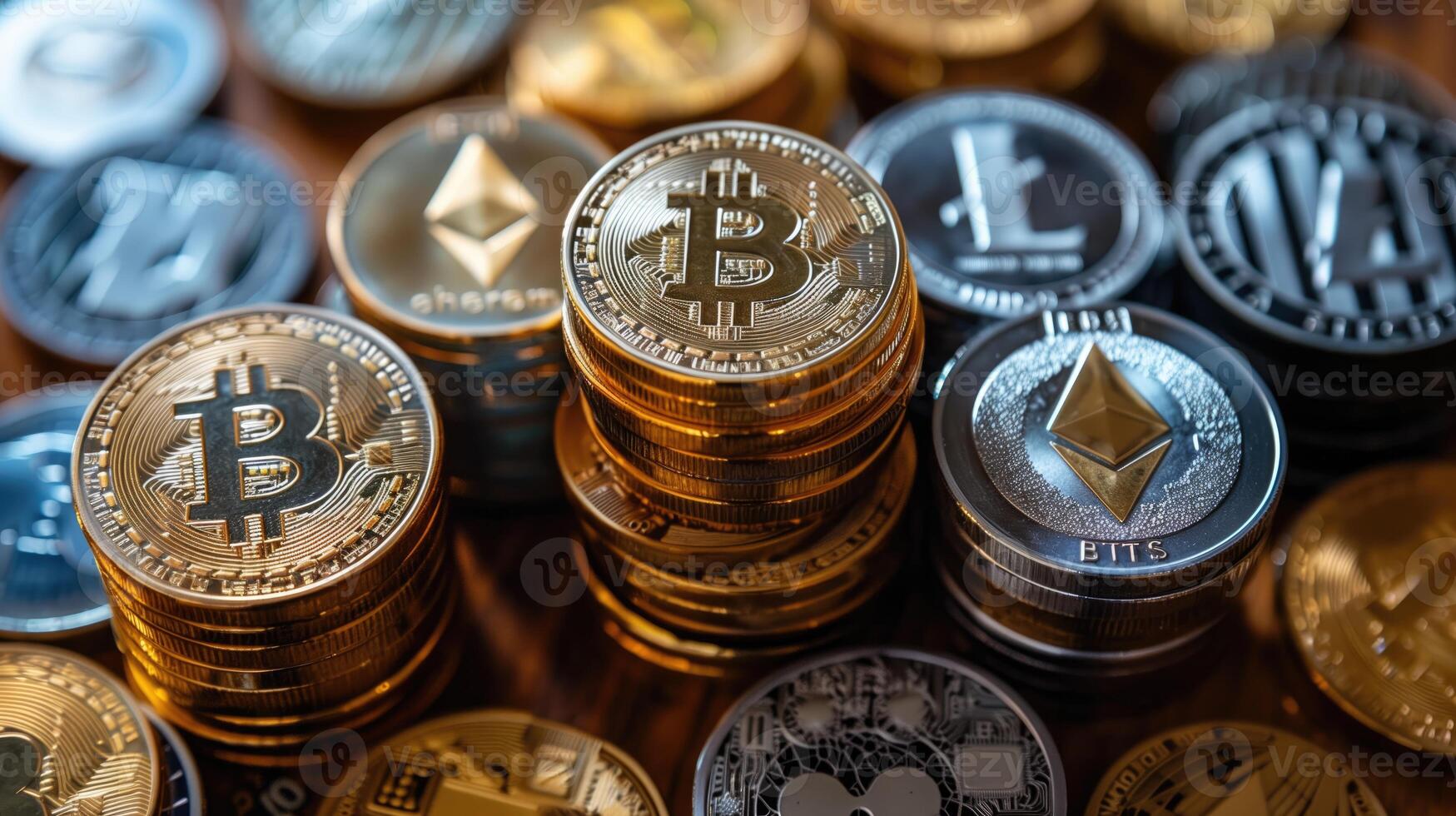 AI generated Bitcoin and ethereum coins on a wooden table. Cryptocurrency concept. photo