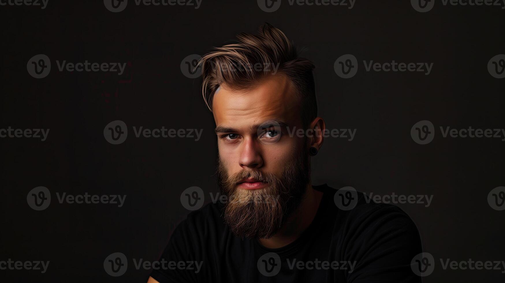 ai generado retrato de un brutal hermoso joven hombre con un barba en un negro antecedentes foto