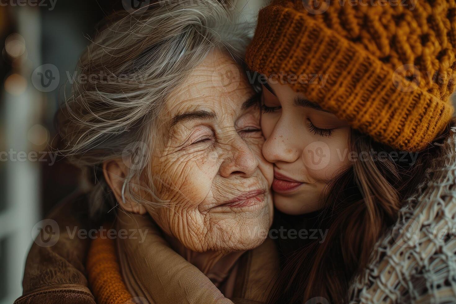 ai generado retrato de un linda pequeño niña besos su abuela en el mejilla. de la madre día foto