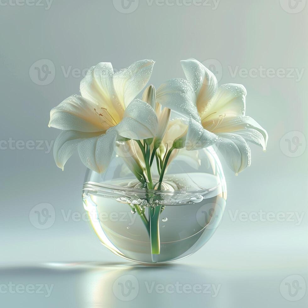 AI generated White lilies in a glass vase. 3D rendering. photo