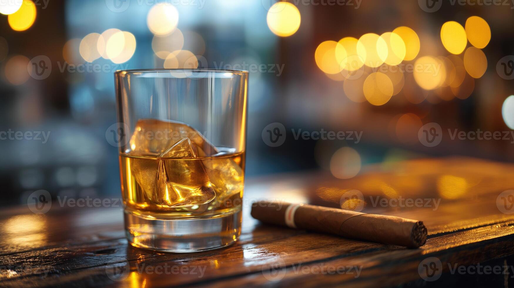 AI generated Glass of whiskey with ice cubes and cuban cigar on a wooden table photo