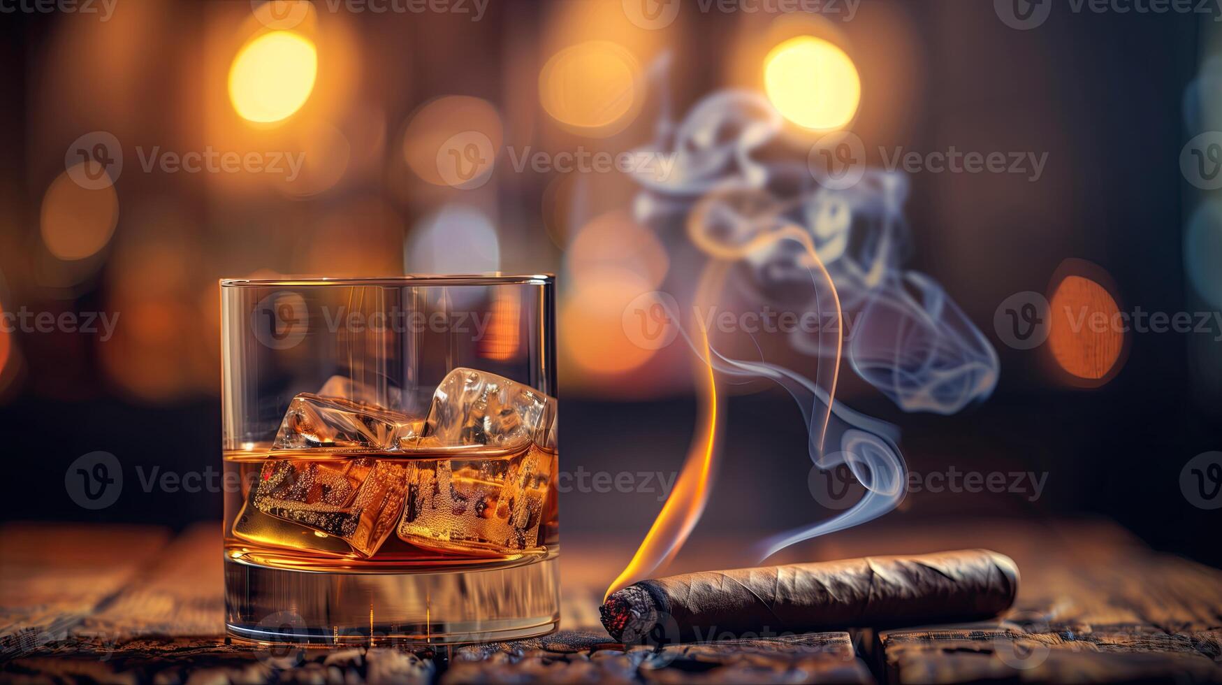 AI generated Glass of whiskey with ice cubes and cuban cigar on a wooden table photo