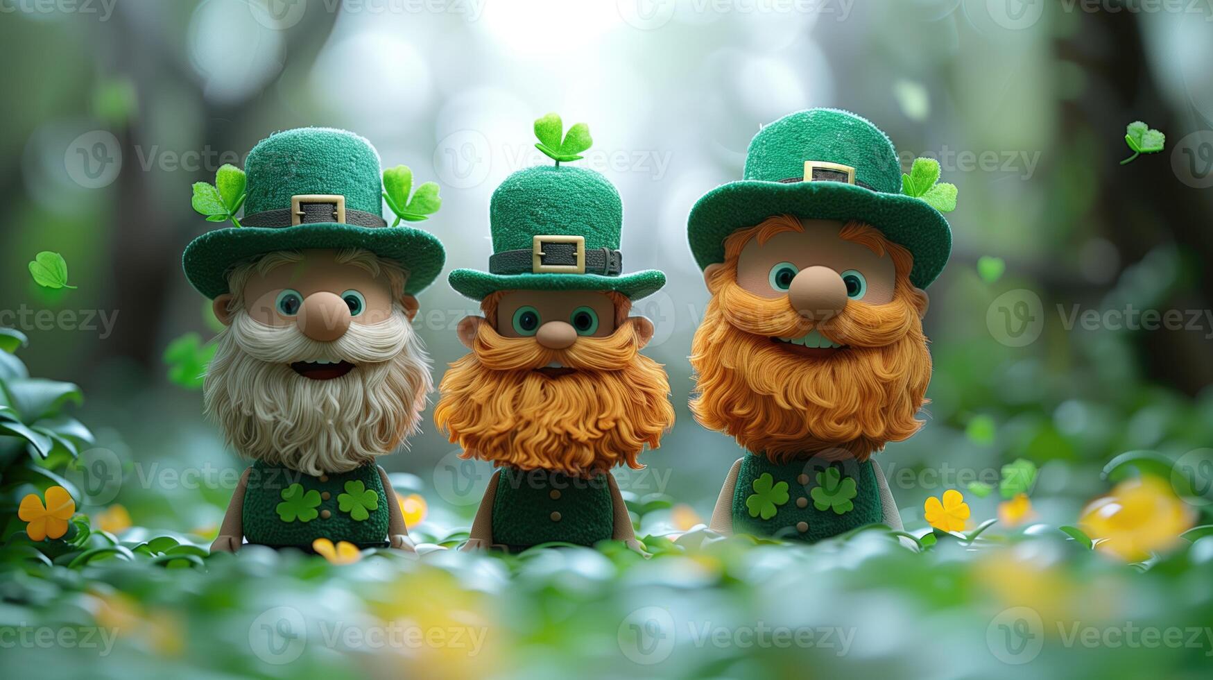 AI generated Leprechauns with clover leaves in the forest. St. Patrick's Day photo