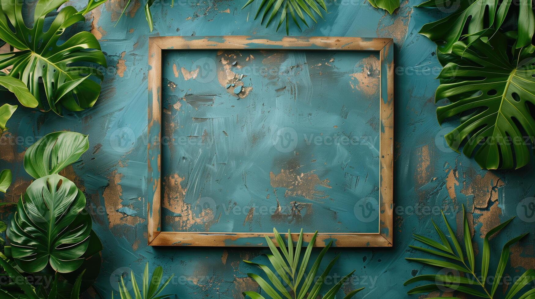 AI generated Mock up frame on green wall with flowers and plants. 3d rendering photo