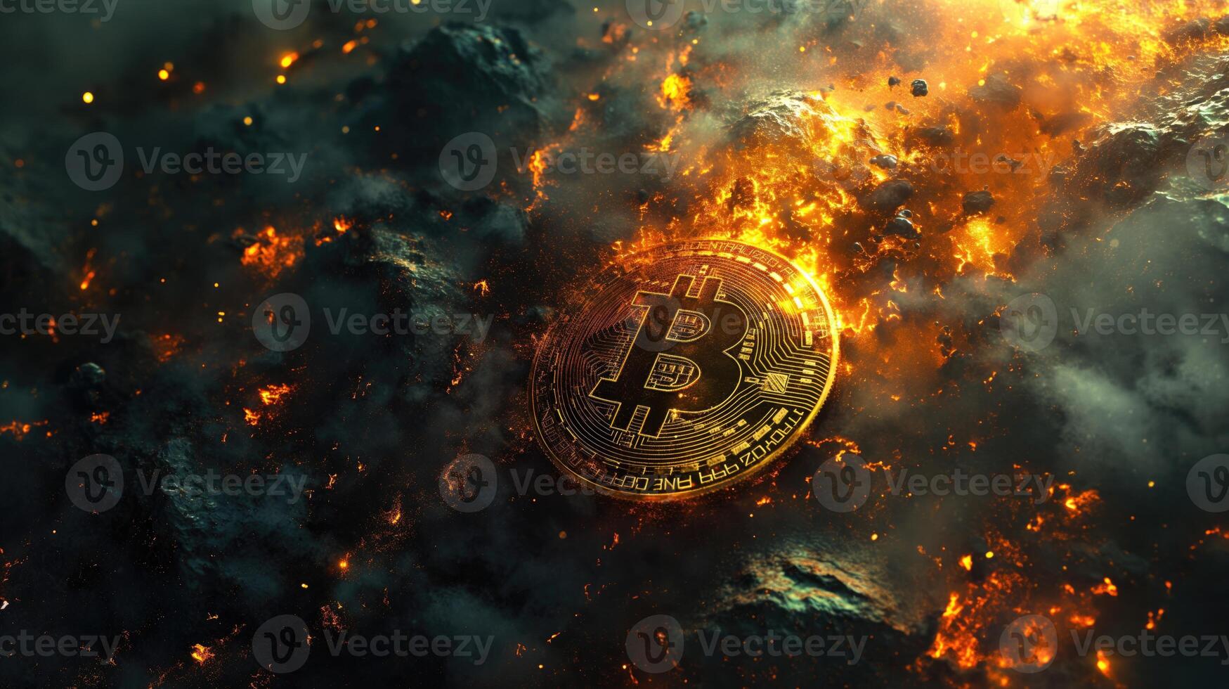 AI generated Bitcoin in the fire. Cryptocurrency concept. 3D illustration photo