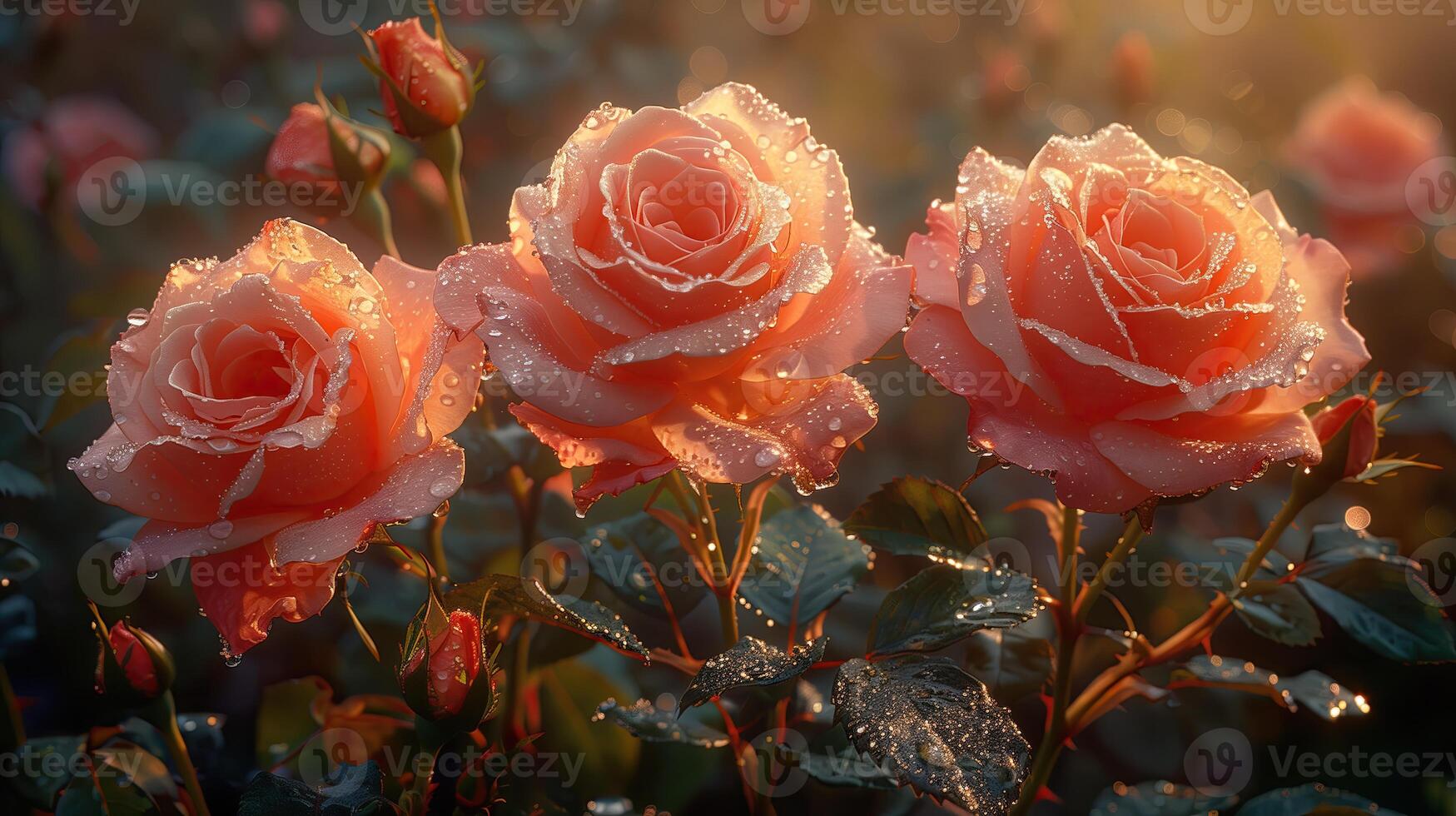 ai generado hermosa rosas con Rocío gotas en el jardín a amanecer. foto