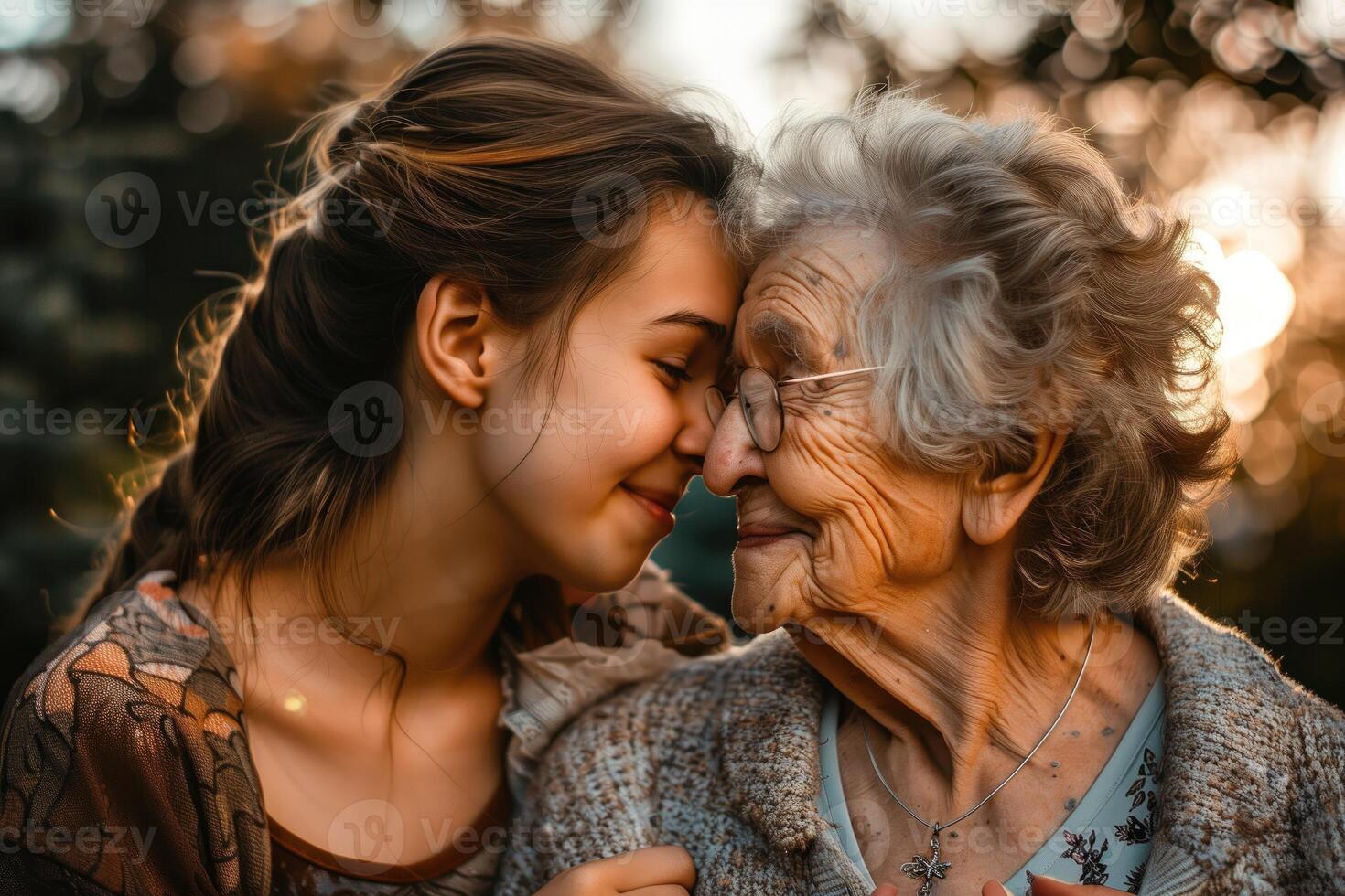 ai generado de cerca retrato de un contento madre con su hija a puesta de sol. de la madre día foto