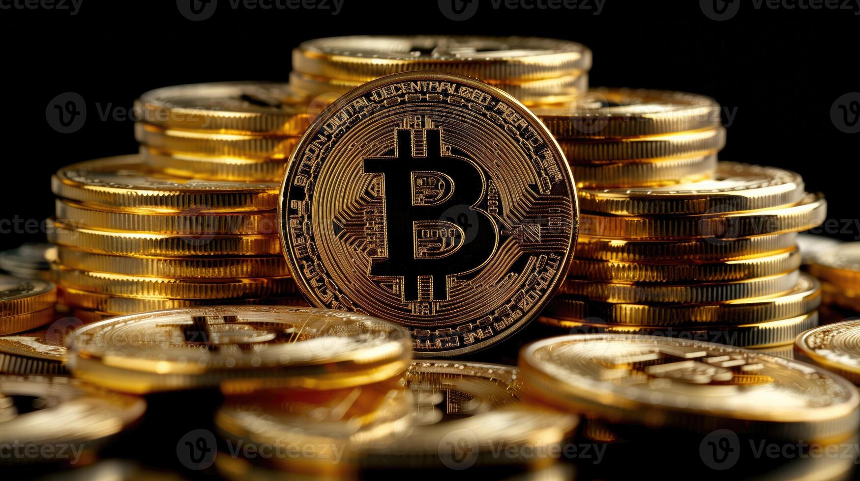 AI generated Bitcoin. Physical bit coin. Digital currency. Cryptocurrency. Golden coin with bitcoin symbol on a black background. photo