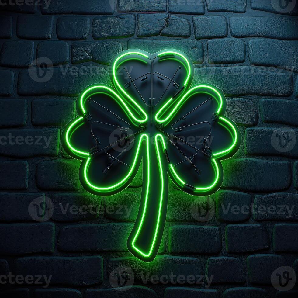 AI generated St. Patrick's Day neon sign with shamrock leaves on brick wall background. Vector illustration. photo