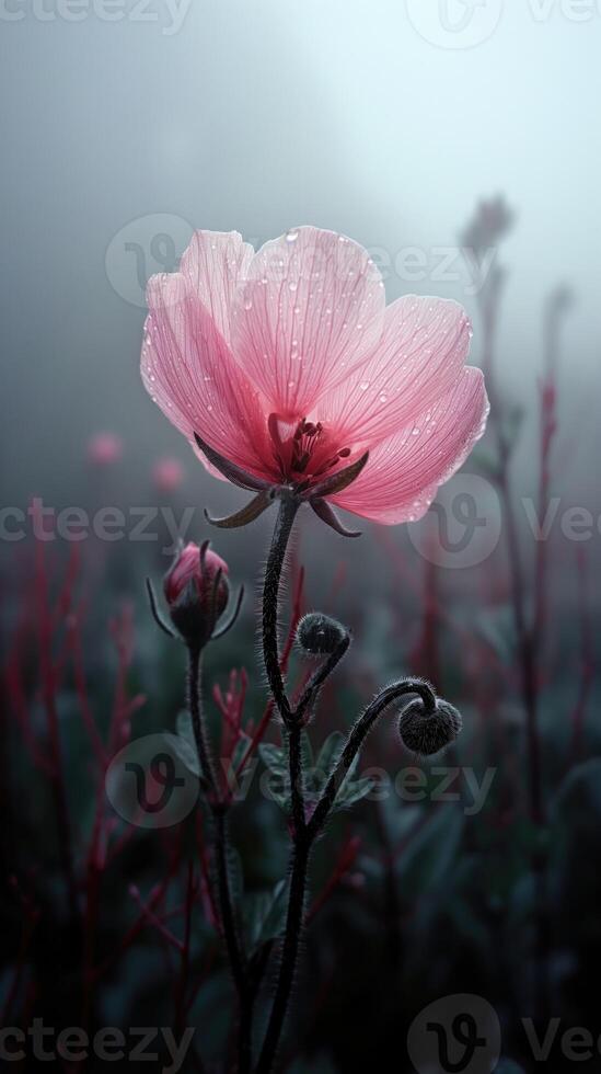 AI generated Pink poppies on a misty meadow in the morning photo