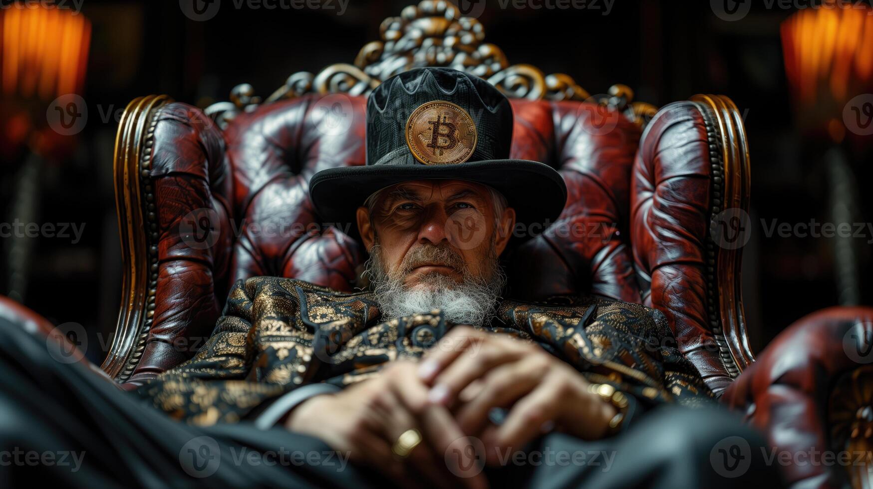 ai generado retrato de un antiguo hombre con un barba y Bigote en un negro sombrero con bitcoin sentado en un cuero Sillón en un barroco interior. foto