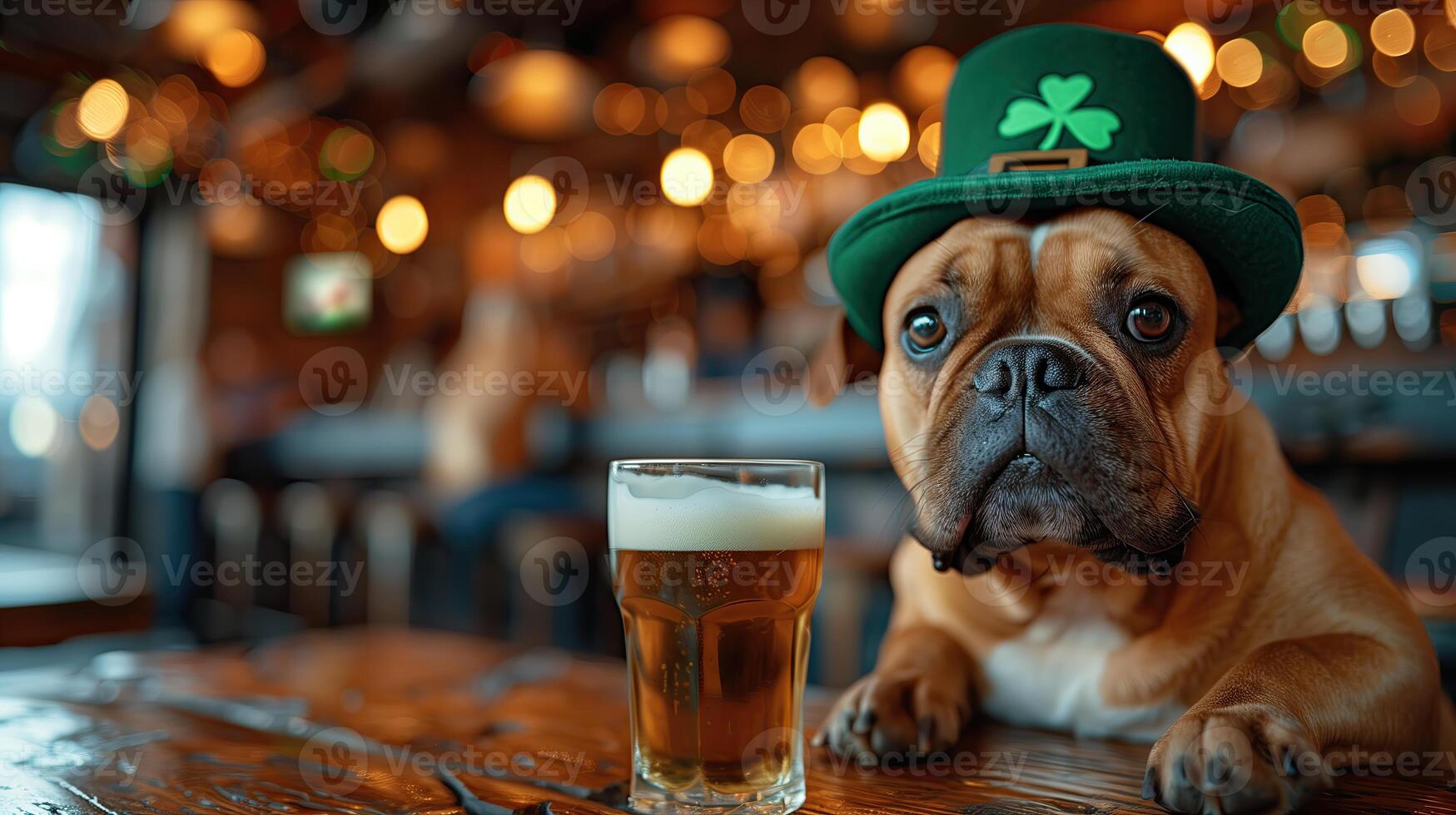 AI generated French bulldog in a green leprechaun hat and a glass of beer in a pub. photo